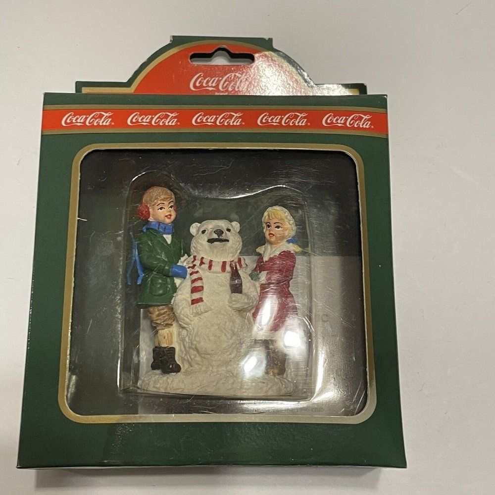 Vtg Coca Cola Snowbear Christmas Ornament Town Square Polar Bear Soda Boy Girl
